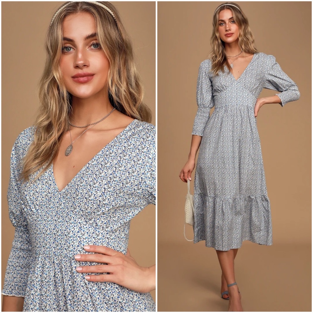Lulu’s Fresh As A Daisy Blue & White Midi Dress